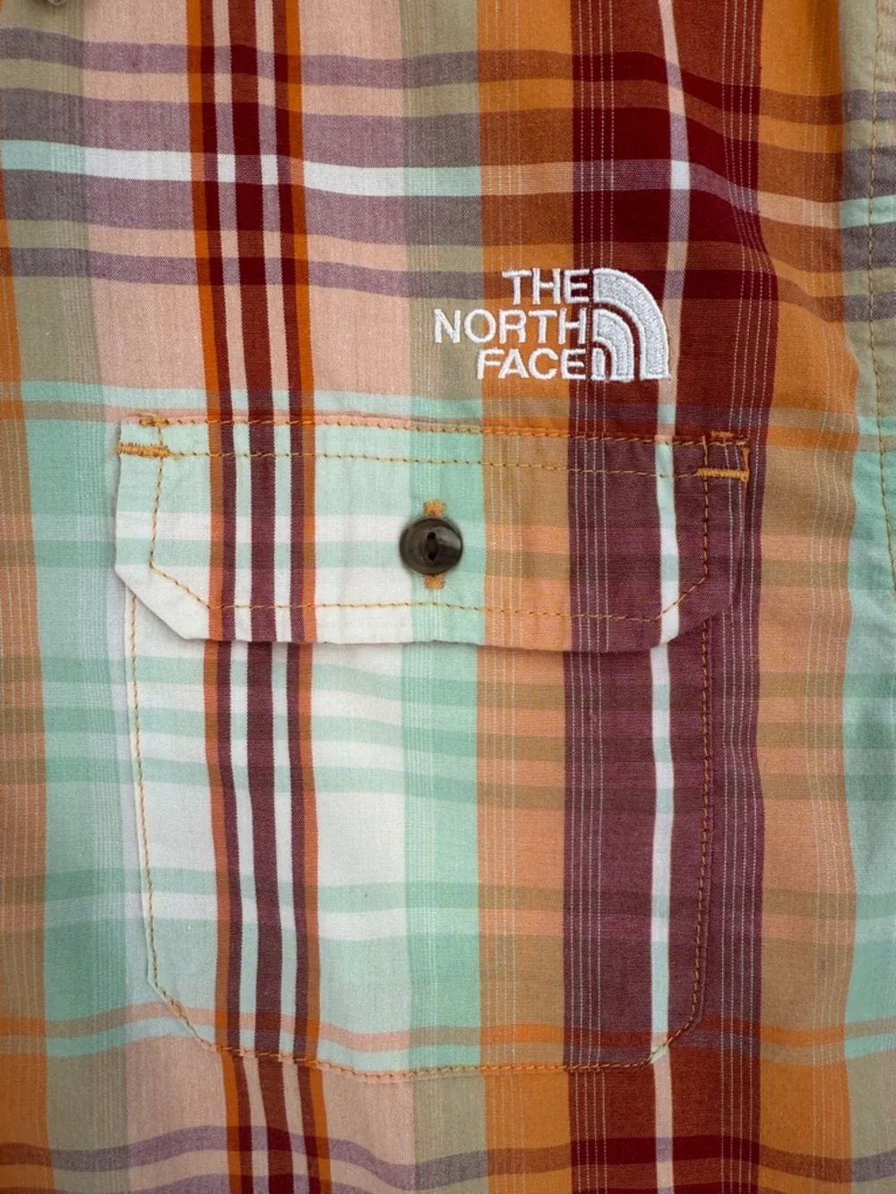 The North Face Men’s Large short sleeve button down shirt Orange Plaid outdoors